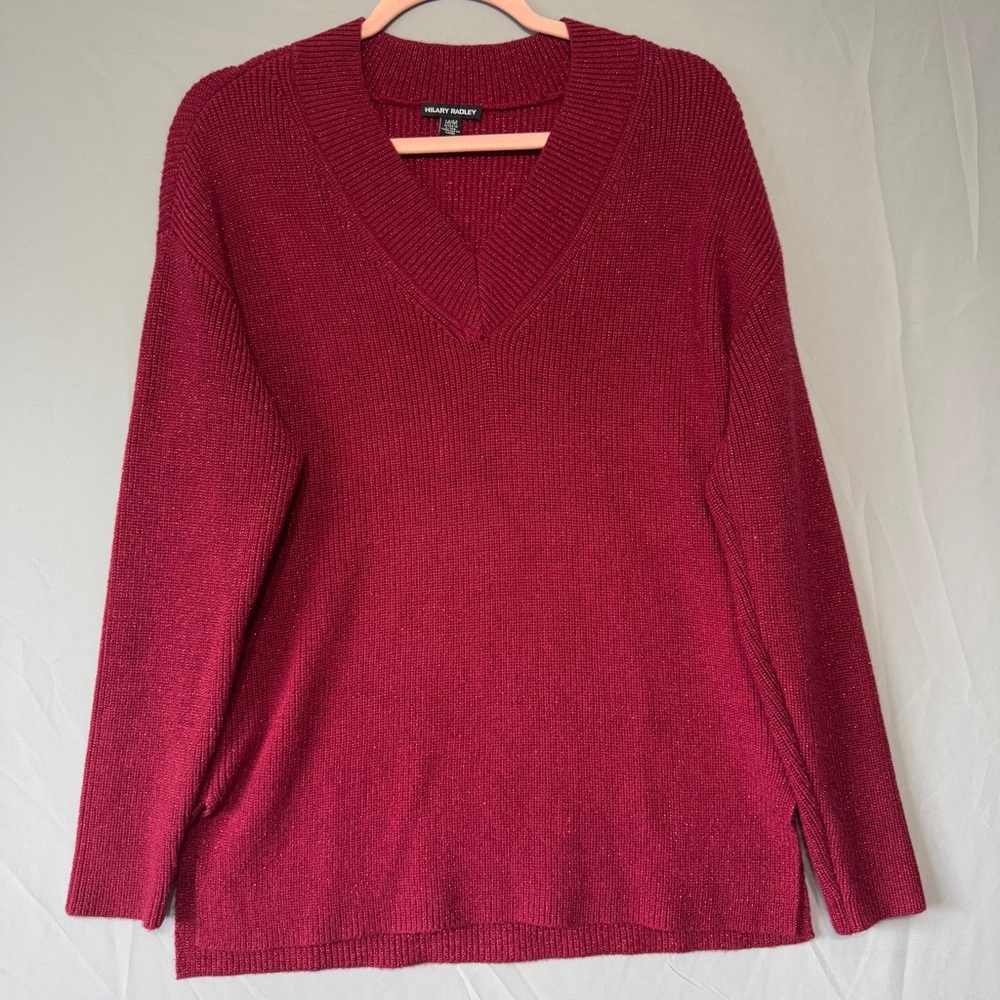 Hiliary Radley Womens Red Sparkle V-Neck Sweater Size M Mature Stretch Office